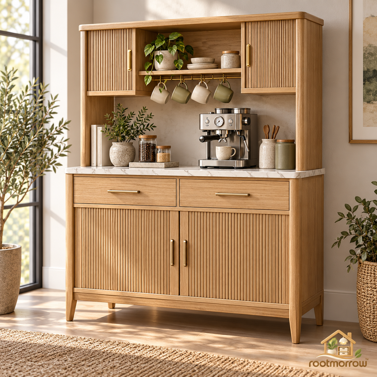 Fluted Coffee Bar Cabinet with Hutch