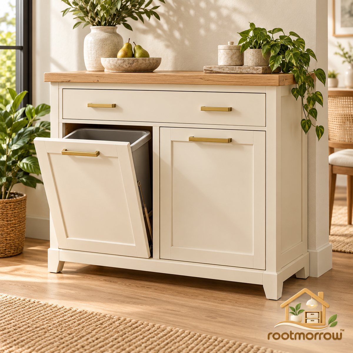 Tilt-Out Trash Cabinet with Storage Drawer