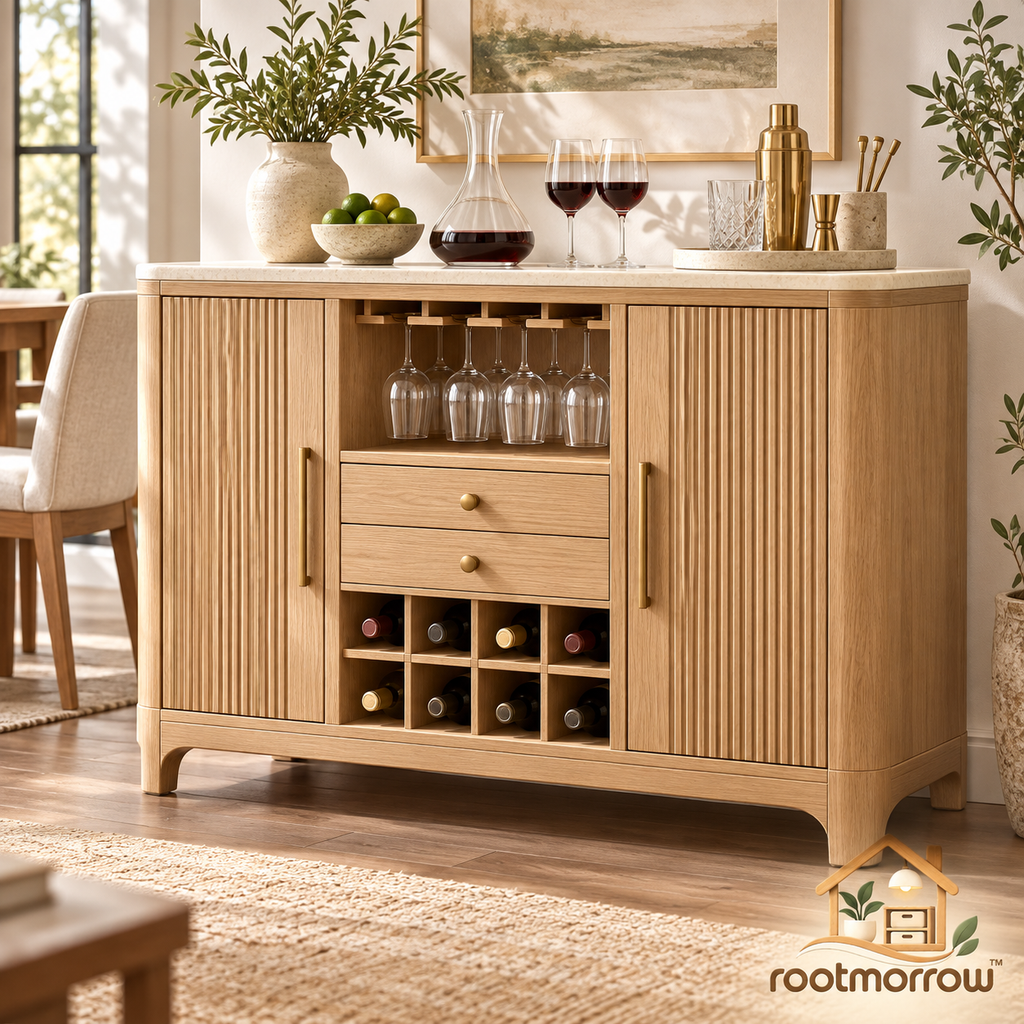 Fluted Wine Bar Cabinet with Stemware Rack