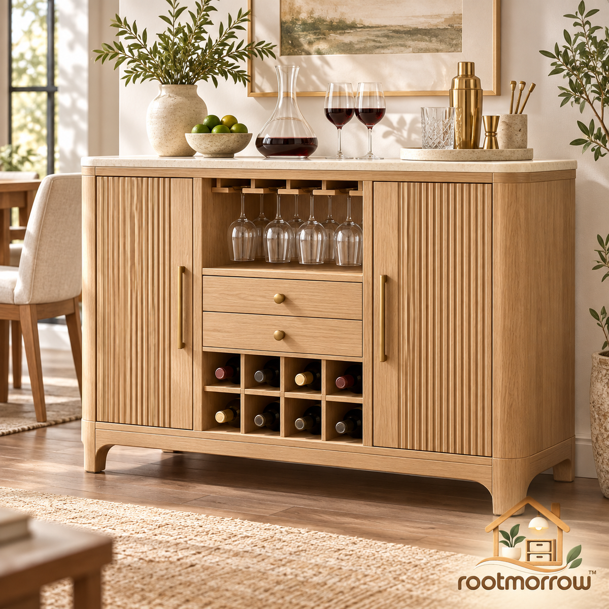 Fluted Wine Bar Cabinet with Stemware Rack