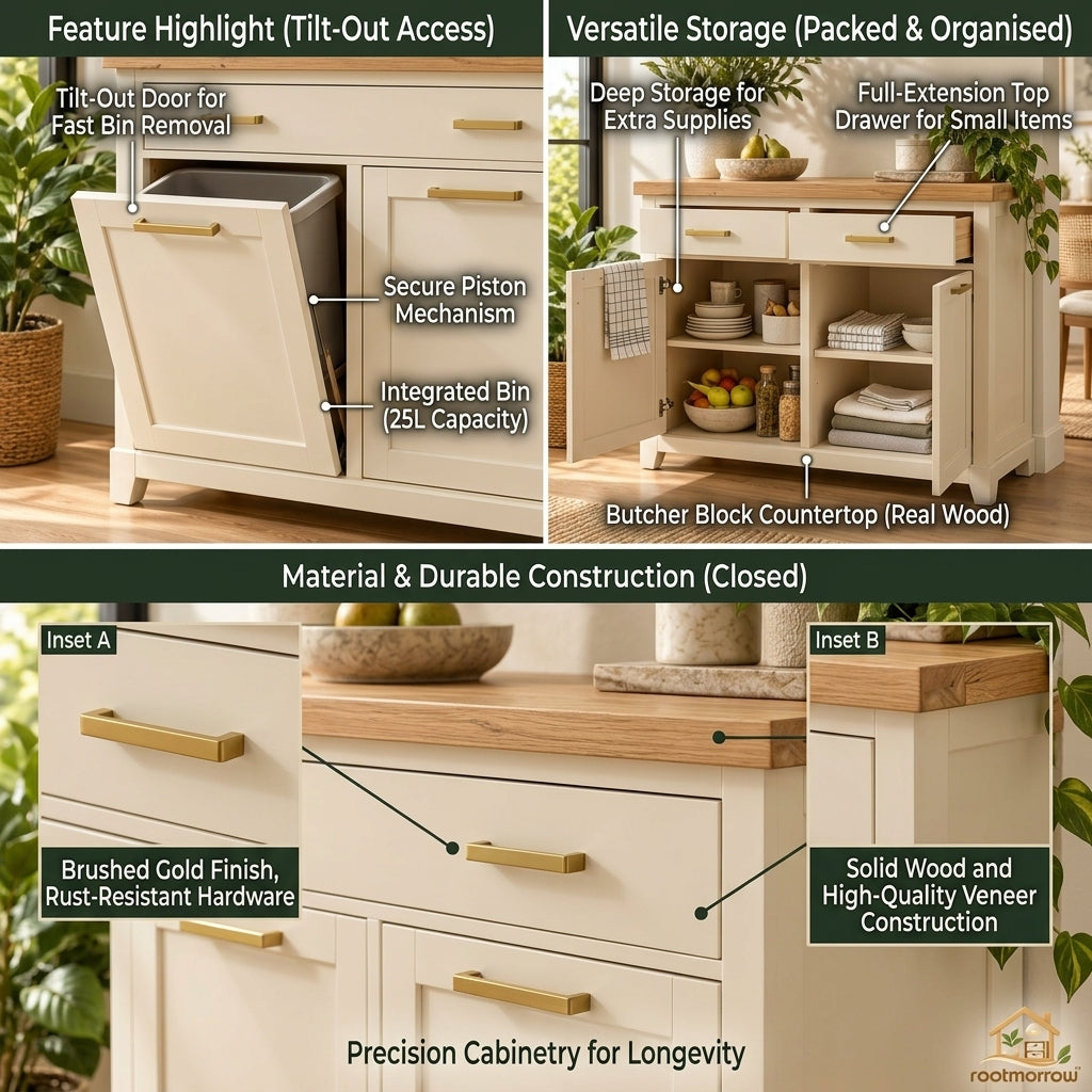Tilt-Out Trash Cabinet with Storage Drawer