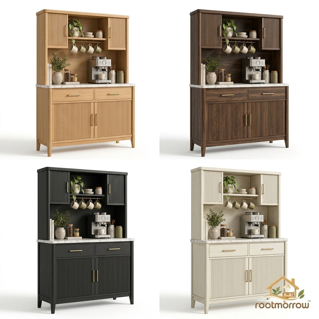 Fluted Coffee Bar Cabinet with Hutch
