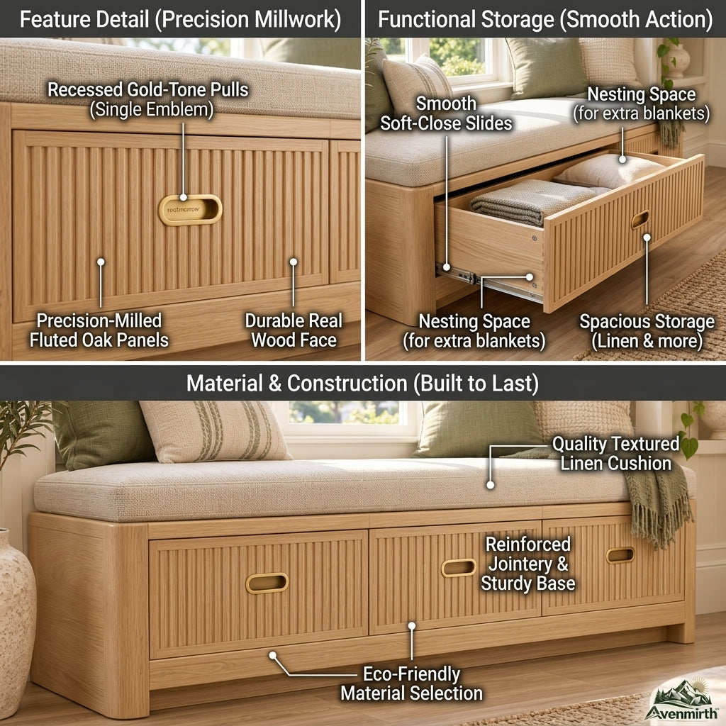 Window storage bench features