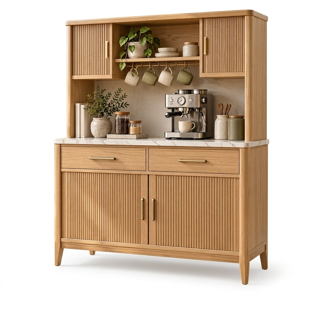 Fluted Coffee Bar Cabinet with Hutch