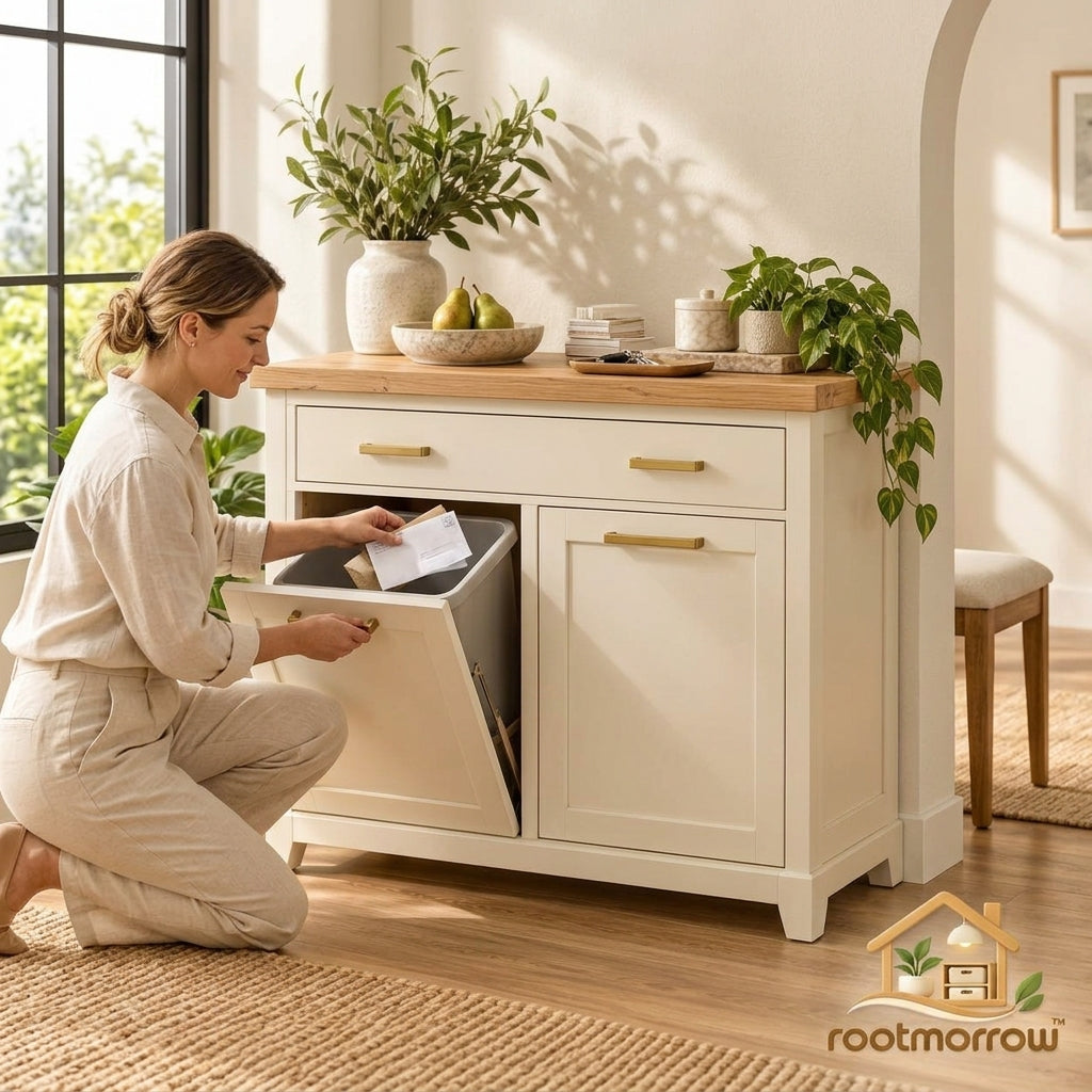 Tilt-Out Trash Cabinet with Storage Drawer
