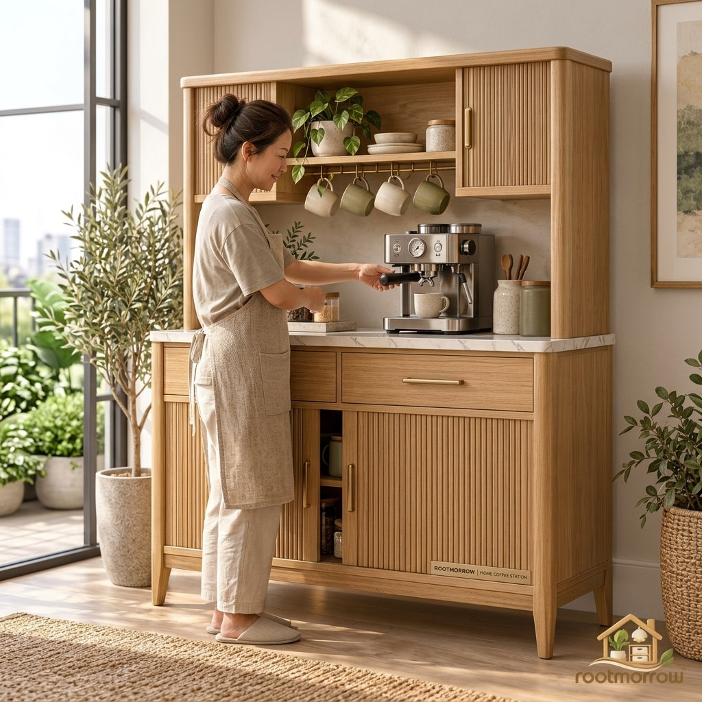 Fluted Coffee Bar Cabinet with Hutch