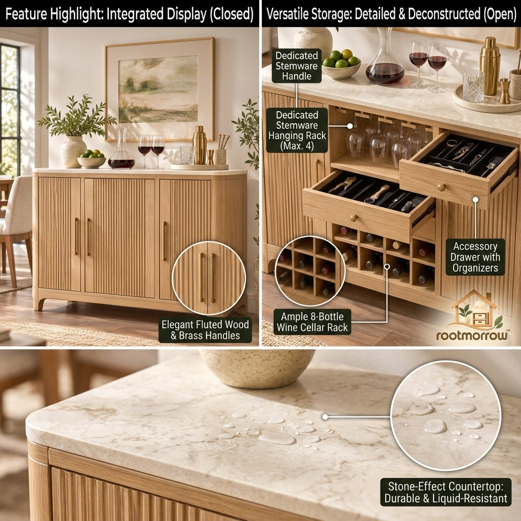Fluted Wine Bar Cabinet with Stemware Rack